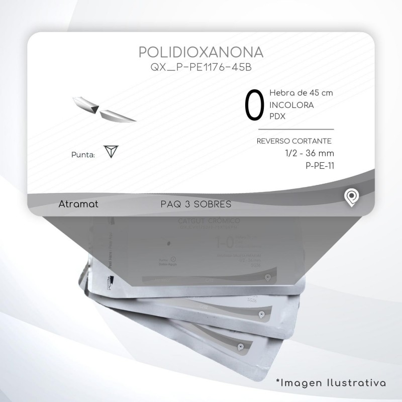 P-PE1176-45B 0 Aguja 1/2 - 36 mm  REVERSO CORTANTE  P-PE-11 Hebra de 45 cm Tejidos difícil cicatrización C/3 piezas