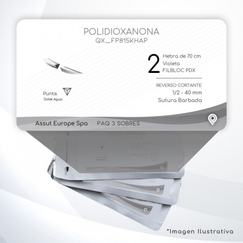 FP815KHAP POLIDIOXANONA 2 Aguja 1/2 - 40 mm Doble Aguja REVERSO CORTANTE Sutura Barbada Hebra de 70 cm Uso: Ortopedia