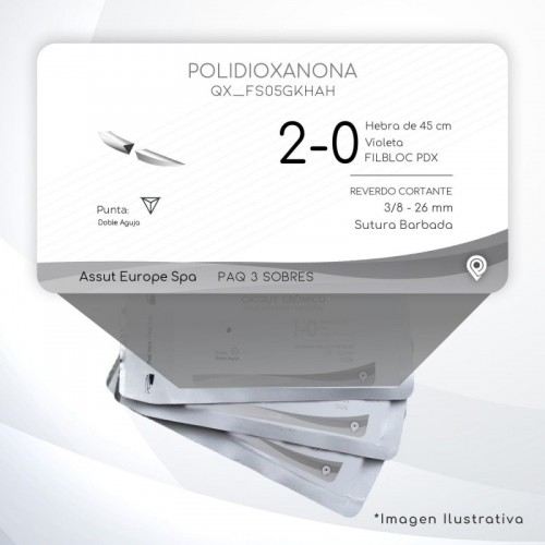 FS05GKHAH POLIDIOXANONA 2-0 Aguja 3/8 - 26 mm Doble Aguja REVERDO CORTANTE Sutura Barbada Hebra de 45 cm Uso: Cirugía General