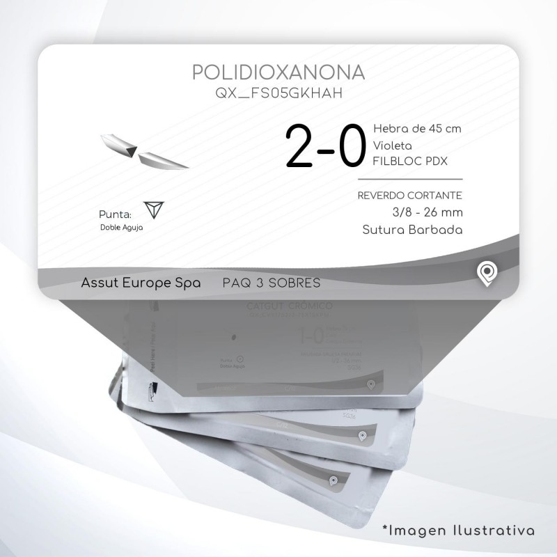 FS05GKHAH POLIDIOXANONA 2-0 Aguja 3/8 - 26 mm Doble Aguja REVERDO CORTANTE Sutura Barbada Hebra de 45 cm Uso: Cirugía General
