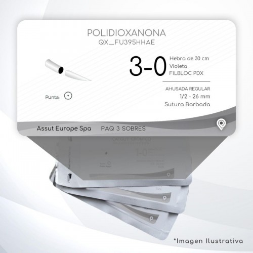 FU395HHAE POLIDIOXANONA 3-0 Aguja 1/2 - 26 mm  AHUSADA REGULAR Sutura Barbada Hebra de 30 cm Uso: Urología
