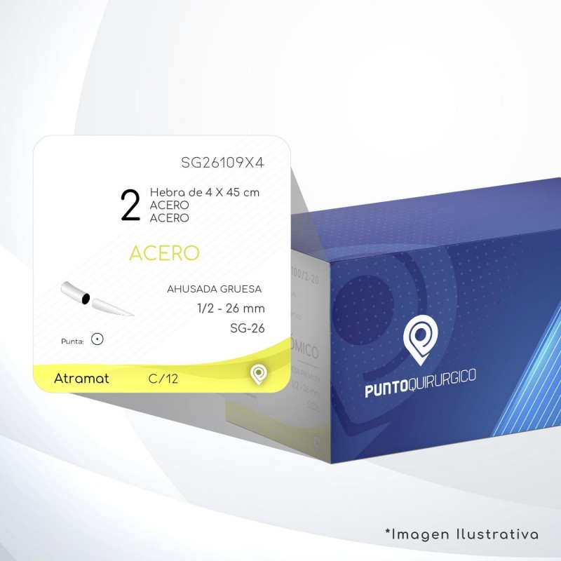 SG26109X4 2 Aguja 1/2 - 26 mm  AHUSADA GRUESA  SG-26 Hebra de 4 X 45 cm Cierre Esternón C/12