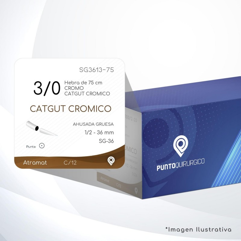 SG3613-75 3/0 Aguja 1/2 - 36 mm  AHUSADA GRUESA SG-36 Hebra de 75 cm Cirugía General