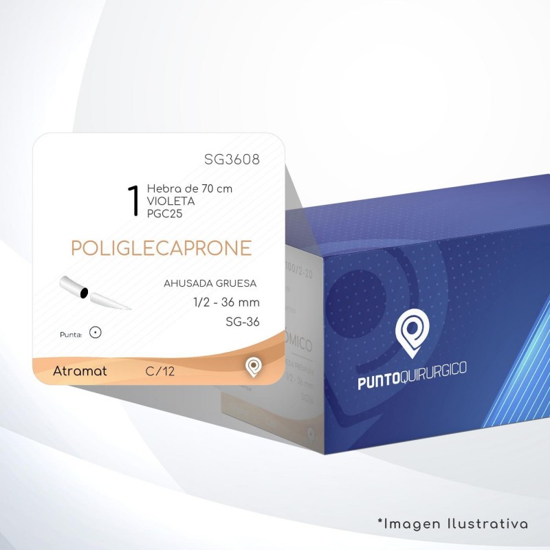 SG3608 1 Aguja 1/2 - 36 mm  AHUSADA GRUESA  SG-36 Hebra de 70 cm Tejidos cicatrizan Medianamente C/12