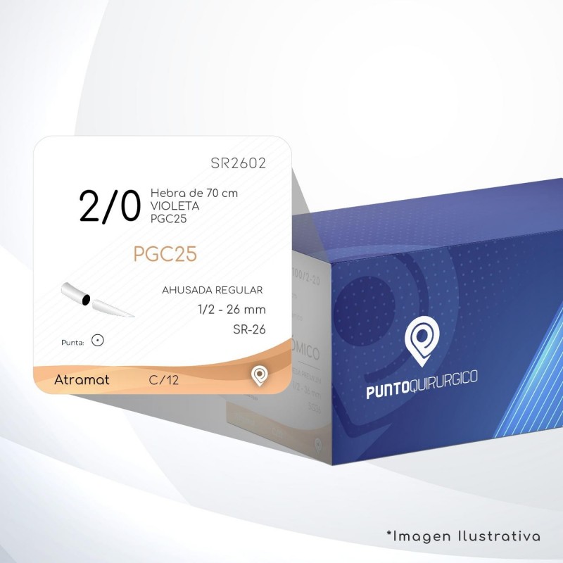 SR2602 2/0 Aguja 1/2 - 26 mm  AHUSADA REGULAR  SR-26 Hebra de 70 cm Tejidos cicatrizan Medianamente C/12