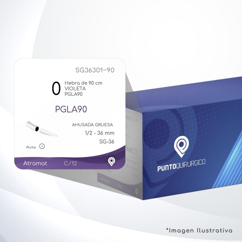 SG36301-90 0 Aguja 1/2 - 36 mm  AHUSADA GRUESA  SG-36 Hebra de 90 cm Cirugía General