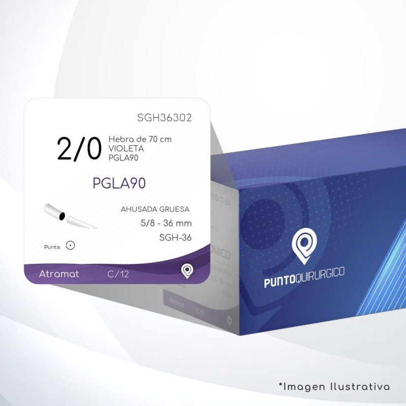 SGH36302 2/0 Aguja 5/8 - 36 mm  AHUSADA GRUESA  SGH-36 Hebra de 70 cm Cirugía General