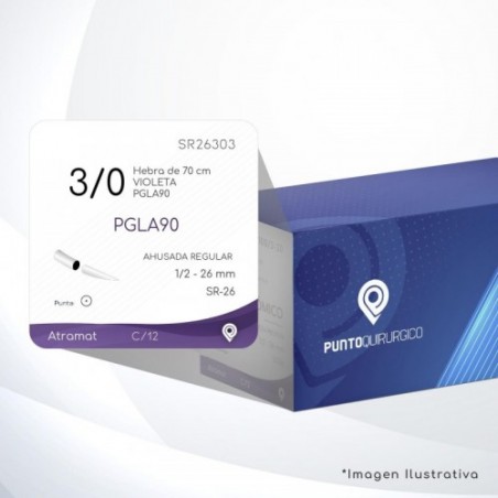 SR26303 3/0 Aguja 1/2 - 26 mm  AHUSADA REGULAR  SR-26 Hebra de 70 cm Cirugía General