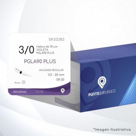 SR20283 3/0 Aguja 1/2 - 20 mm  AHUSADA REGULAR  SR-20 Hebra de 70 cm Cirugía General