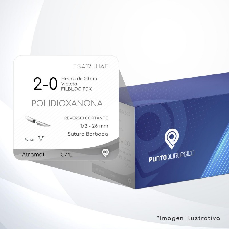 FS412HHAE POLIDIOXANONA 2-0 Aguja 1/2 - 26 mm  REVERSO CORTANTE Sutura Barbada Hebra de 30 cm Uso: Cirugía General C/12