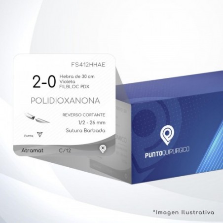 FS412HHAE POLIDIOXANONA 2-0 Aguja 1/2 - 26 mm  REVERSO CORTANTE Sutura Barbada Hebra de 30 cm Uso: Cirugía General C/12