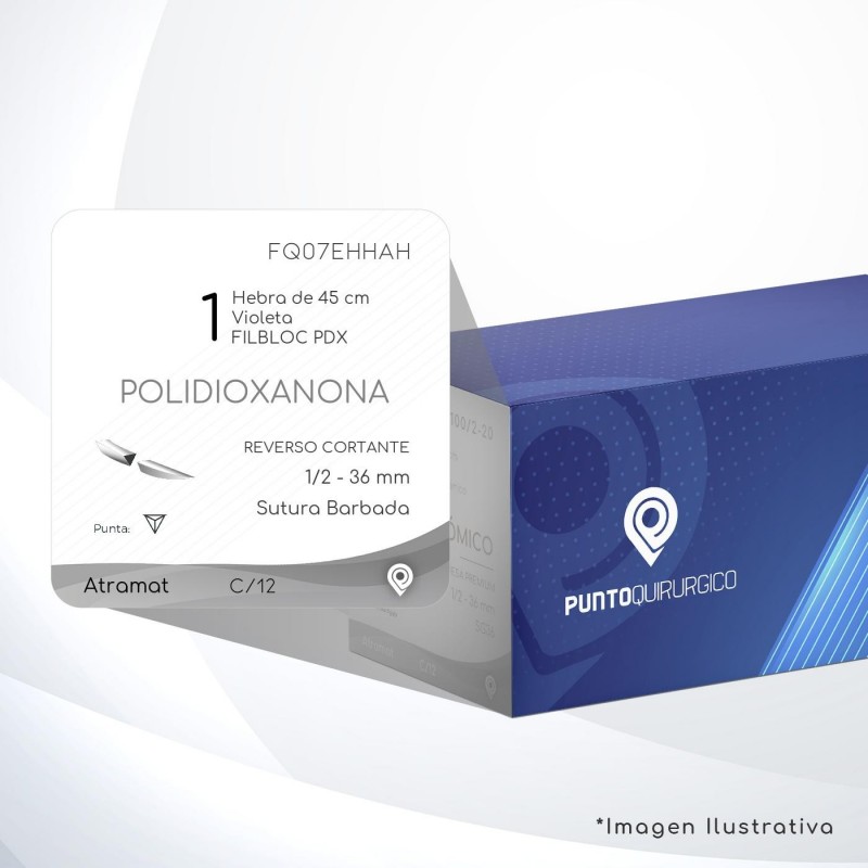 FQ07EHHAH POLIDIOXANONA 1 Aguja 1/2 - 36 mm  REVERSO CORTANTE Sutura Barbada Hebra de 45 cm Uso: Cirugía General C/12