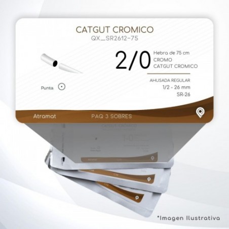 SR2612-75 2/0 Aguja 1/2 - 26 mm  AHUSADA REGULAR SR-26 Hebra de 75 cm Cirugía General