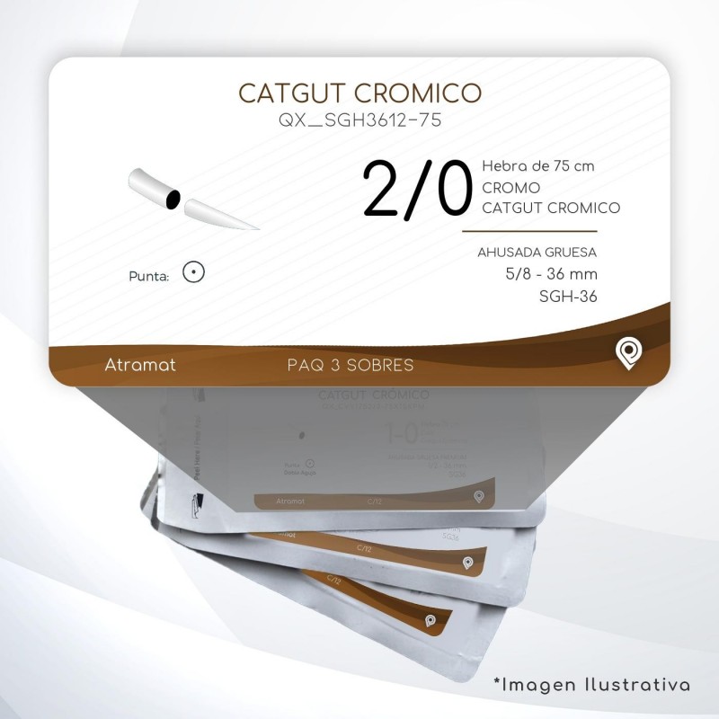 SGH3612-75 2/0 Aguja 5/8 - 36 mm  AHUSADA GRUESA SGH-36 Hebra de 75 cm Cirugía General