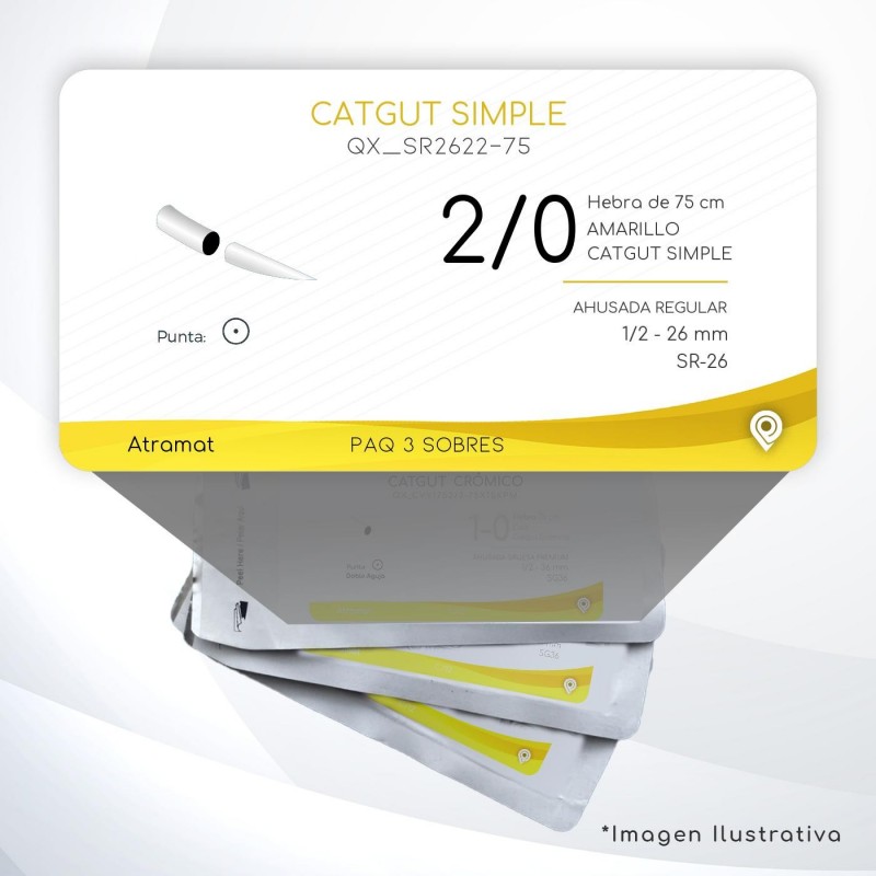 SR2622-75 2/0 Aguja 1/2 - 26 mm  AHUSADA REGULAR SR-26 Hebra de 75 cm Cirugía General C/3 piezas