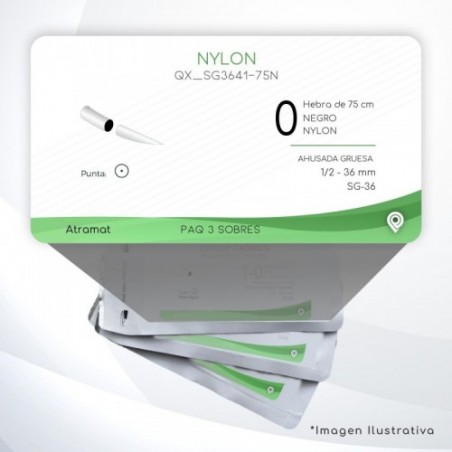 SG3641-75N 0 Aguja 1/2 - 36 mm  AHUSADA GRUESA  SG-36 Hebra de 75 cm Cirugía General