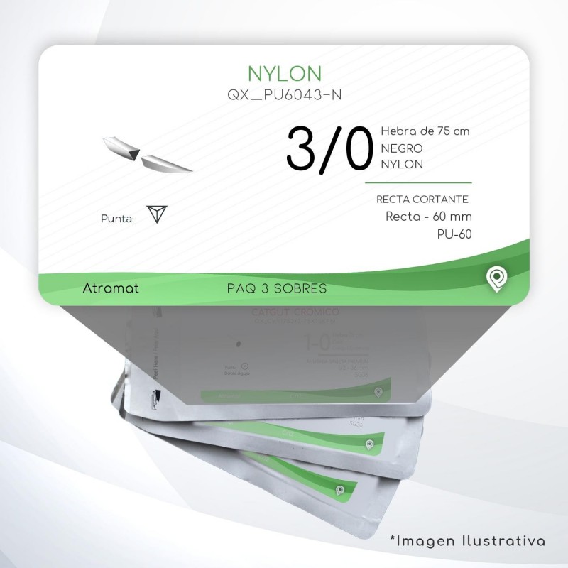 PU6043-N 3/0 Aguja Recta - 60 mm  RECTA CORTANTE  PU-60 Hebra de 75 cm Cirugía General