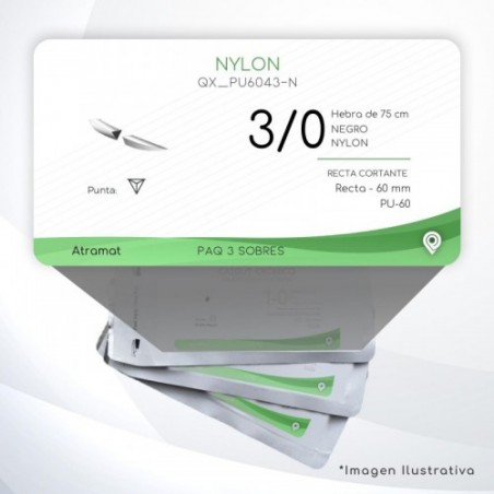 PU6043-N 3/0 Aguja Recta - 60 mm  RECTA CORTANTE  PU-60 Hebra de 75 cm Cirugía General