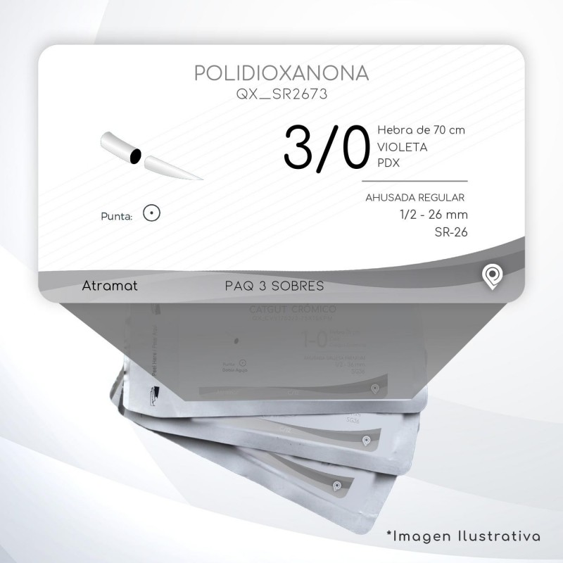 SR2673 3/0 Aguja 1/2 - 26 mm  AHUSADA REGULAR  SR-26 Hebra de 70 cm Tejidos difícil cicatrización C/3 piezas