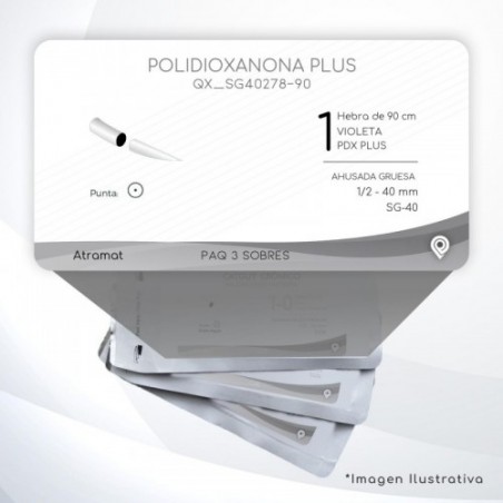 SG40278-90 1 Aguja 1/2 - 40 mm  AHUSADA GRUESA  SG-40 Hebra de 90 cm Tejidos difícil cicatrización C/3 piezas