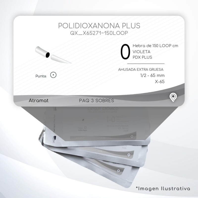 X65271-150LOOP 0 Aguja 1/2 - 65 mm  AHUSADA EXTRA GRUESA  X-65 Hebra de 150 LOOP cm Tejidos difícil cicatrización C/3 piezas
