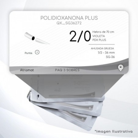 SG36272 2/0 Aguja 1/2 - 36 mm  AHUSADA GRUESA  SG-36 Hebra de 70 cm Tejidos difícil cicatrización C/3 piezas