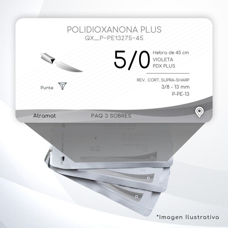 P-PE13275-45 5/0 Aguja 3/8 - 13 mm  REVERSO CORTANTE SUPRA-SHARP P-PE-13 Hebra de 45 cm Tejidos difícil cicatrización C/3 piezas