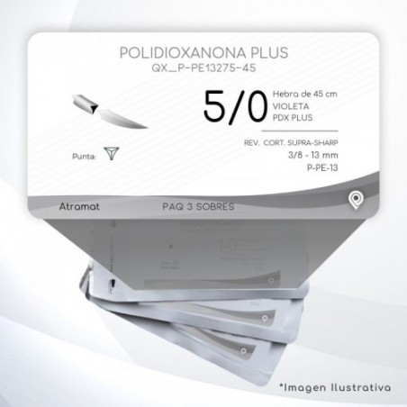 P-PE13275-45 5/0 Aguja 3/8 - 13 mm  REVERSO CORTANTE SUPRA-SHARP P-PE-13 Hebra de 45 cm Tejidos difícil cicatrización C/3 piezas