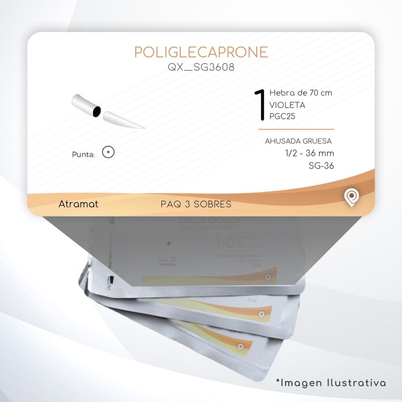SG3608 1 Aguja 1/2 - 36 mm  AHUSADA GRUESA  SG-36 Hebra de 70 cm Tejidos cicatrizan Medianamente C/3 piezas