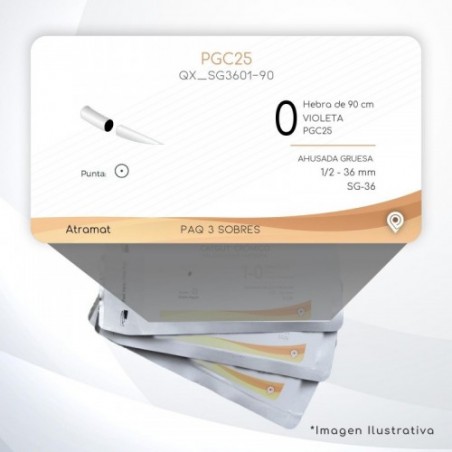 SG3601-90 0 Aguja 1/2 - 36 mm  AHUSADA GRUESA  SG-36 Hebra de 90 cm Tejidos cicatrizan Medianamente C/3 piezas