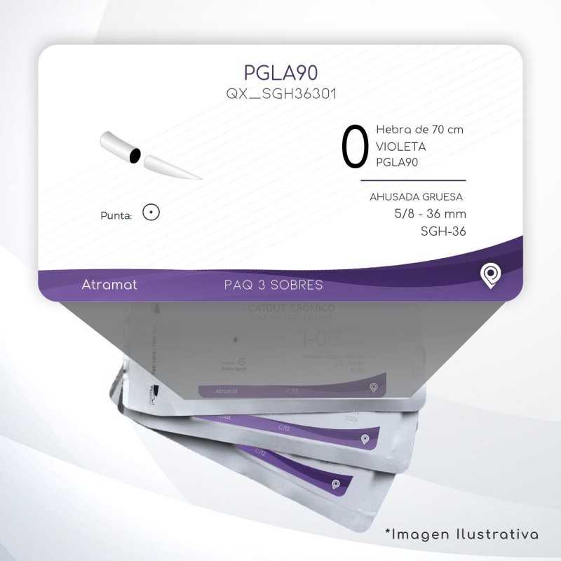 SGH36301 0 Aguja 5/8 - 36 mm  AHUSADA GRUESA  SGH-36 Hebra de 70 cm Cirugía General