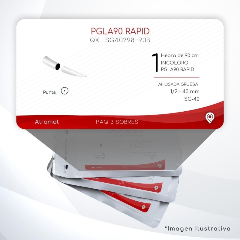 SG40298-90B 1 Aguja 1/2 - 40 mm  AHUSADA GRUESA  SG-40 Hebra de 90 cm Tejidos que cicatrizan rápidamente C/3 piezas