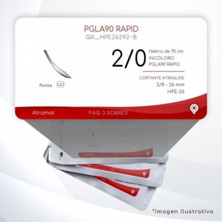HPE26292-B 2/0 Aguja 3/8 - 26 mm  CORTANTE ATRAGLIDE HPE-26 Hebra de 70 cm Tejidos que cicatrizan rápidamente C/3 piezas