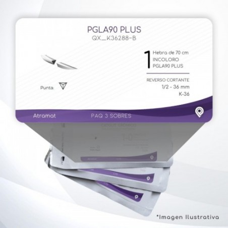 K36288-B 1 Aguja 1/2 - 36 mm  REVERSO CORTANTE GRUESA  K-36 Hebra de 70 cm Cirugía General