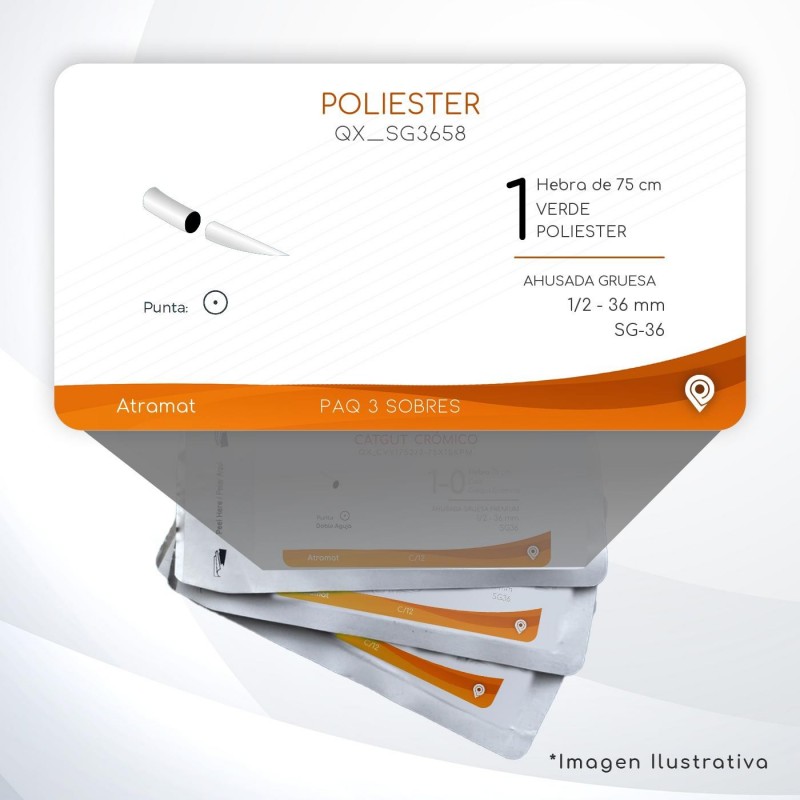 SG3658 1 Aguja 1/2 - 36 mm  AHUSADA GRUESA   SG-36 Hebra de 75 cm Cirugía Cardiovascular