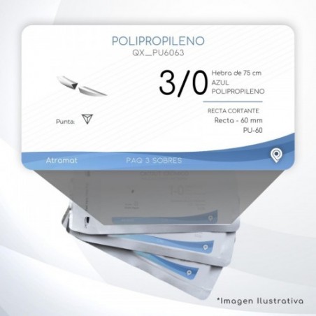 PU6063 3/0 Aguja Recta - 60 mm  RECTA CORTANTE   PU-60 Hebra de 75 cm Cirugía Cardiovascular
