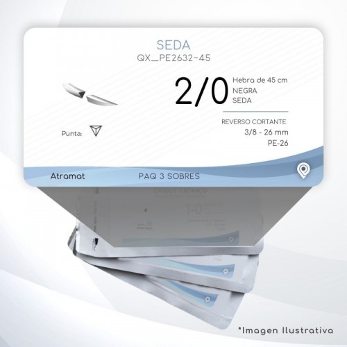 PE2632-45 2/0 Aguja 3/8 - 26 mm  REVERSO CORTANTE  PE-26 Hebra de 45 cm Cirugía General