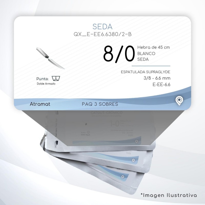 E-EE6.6380/2-B 8/0 Aguja 3/8 - 6.6 mm Doble Armado ESPATULADA SUPRAGLYDE DA E-EE-6.6 Hebra de 45 cm Cirugía General