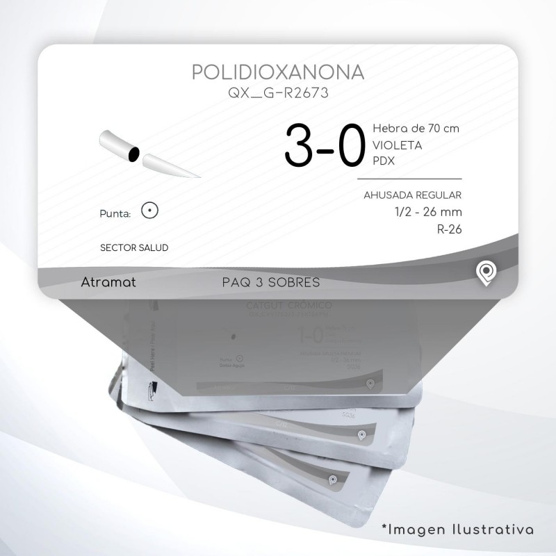 G-R2673 3-0 Aguja 1/2 - 26 mm  AHUSADA REGULAR R-26 Hebra de 70 cm Tejidos difícil cicatrización C/3 piezas