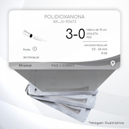 G-R2673 3-0 Aguja 1/2 - 26 mm  AHUSADA REGULAR R-26 Hebra de 70 cm Tejidos difícil cicatrización C/3 piezas