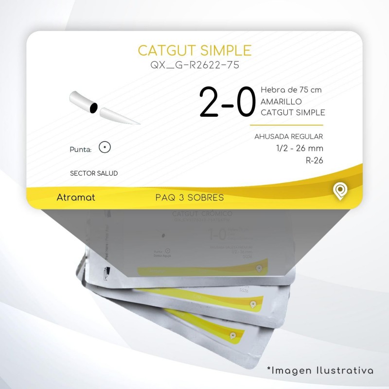 G-R2622-75 2-0 Aguja 1/2 - 26 mm  AHUSADA REGULAR R-26 Hebra de 75 cm Cirugía General C/3 piezas