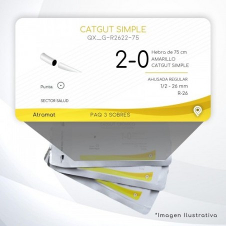G-R2622-75 2-0 Aguja 1/2 - 26 mm  AHUSADA REGULAR R-26 Hebra de 75 cm Cirugía General C/3 piezas