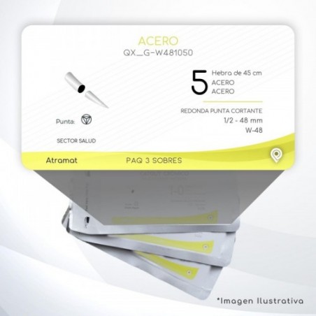 G-W481050 5 Aguja 1/2 - 48 mm  REDONDA PUNTA CORTANTE W-48 Hebra de 45 cm Cierre Esternón C/3 piezas