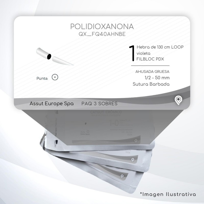FQ40AHNBE POLIDIOXANONA 1 Aguja 1/2 - 50 mm  AHUSADA GRUESA Sutura Barbada Hebra de 130 cm LOOP Uso: Cirugía General