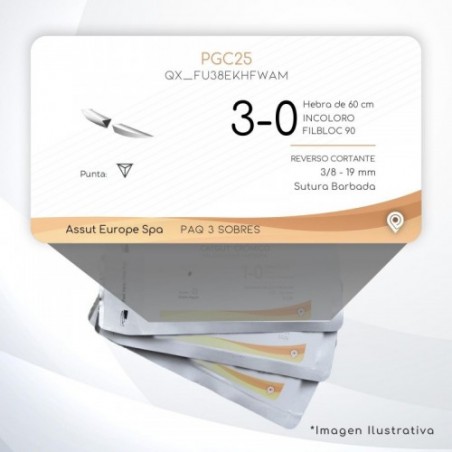 FU38EKHFWAM PGC25 3-0 Aguja 3/8 - 19 mm  REVERSO CORTANTE Sutura Barbada Hebra de 60 cm Uso: Cirugía Plástica C/3 piezas