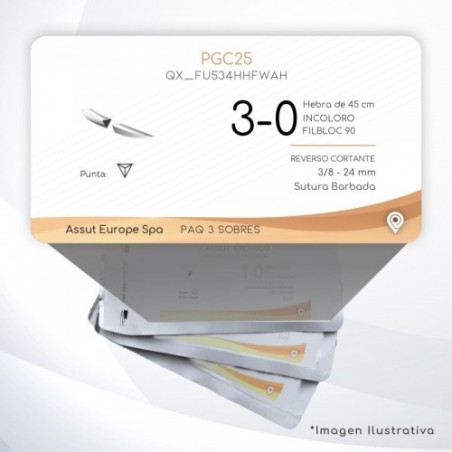 FU534HHFWAH PGC25 3-0 Aguja 3/8 - 24 mm  REVERSO CORTANTE Sutura Barbada Hebra de 45 cm Uso: Cirugía Plástica C/3 piezas