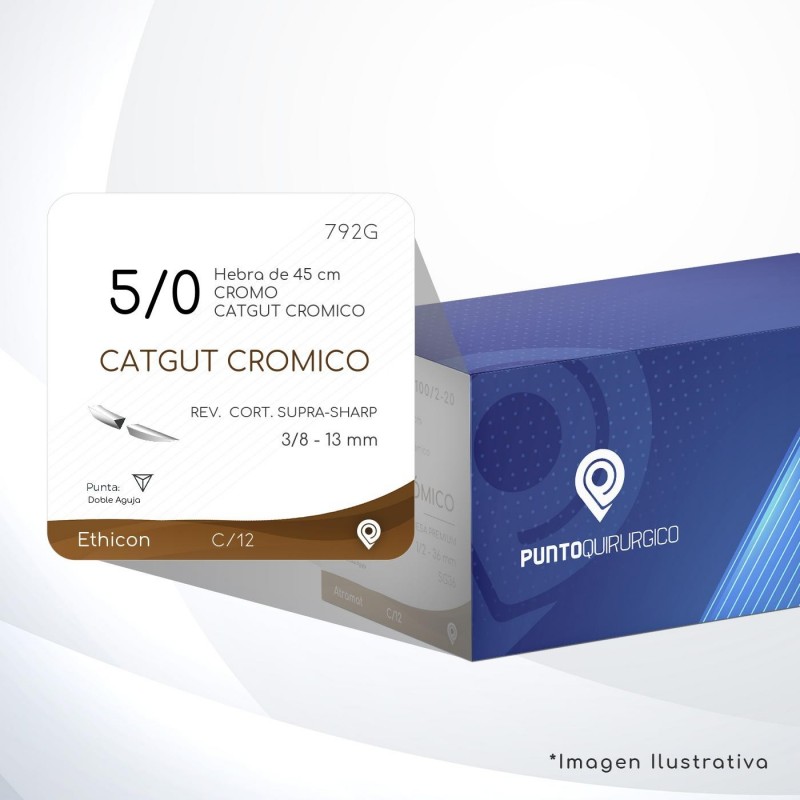 792G 5/0 Aguja 3/8 - 13 mm Doble Aguja REVERSO  CORTANTE SUPRA-SHARP P-PE-13 Hebra de 45 cm Cirugía General