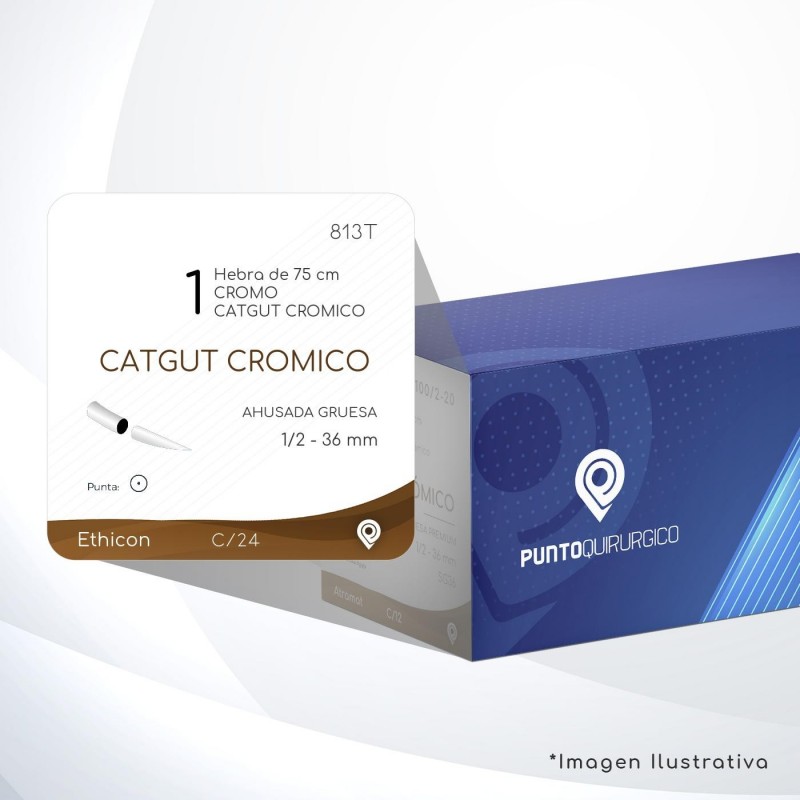 813T 1 Aguja 1/2 - 36 mm  AHUSADA GRUESA SG-36 Hebra de 75 cm Cirugía General
