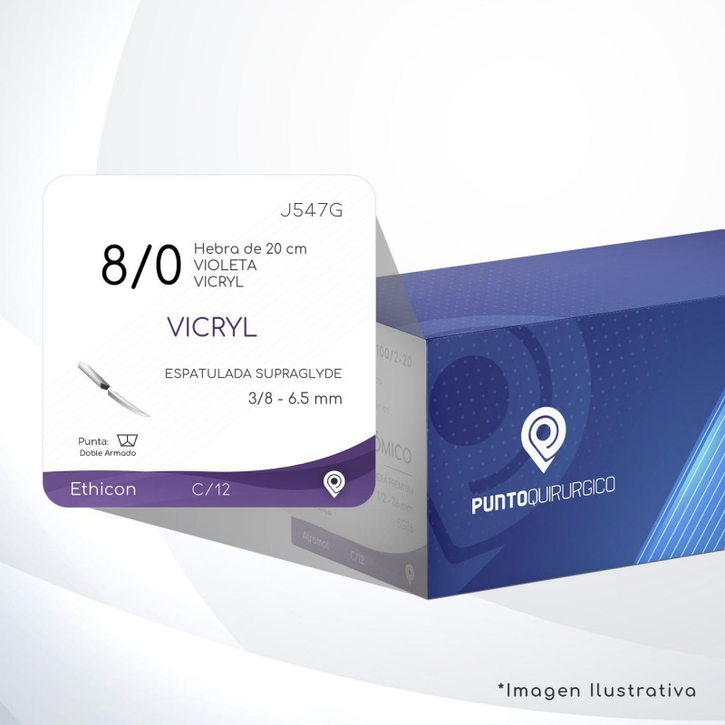 J547G 8/0 Aguja 3/8 - 6.5 mm Doble Armado ESPATULADA SUPRAGLYDE DA E-EE-6.5 Hebra de 20 cm Cirugía General