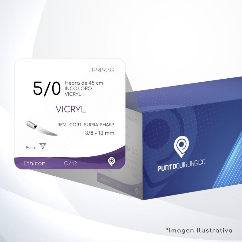 JP493G 5/0 Aguja 3/8 - 13 mm  REVERSO CORTANTE SUPRA-SHARP P-PE-13 Hebra de 45 cm Cirugía General